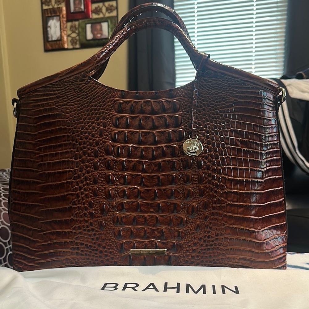 Brown Crocodile Leather Shoulder Bag with Structured Shape